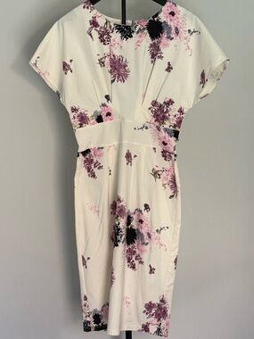 Floral White Pink Midi Sheath Dress Cap Sleeve Large Cinched Waist Mother's Day